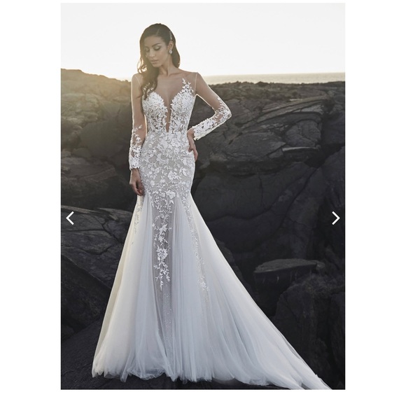 Ivory lace and tulle, Tulle illusion sleeves, Cascading floral appliques. - Picture 2 of 2